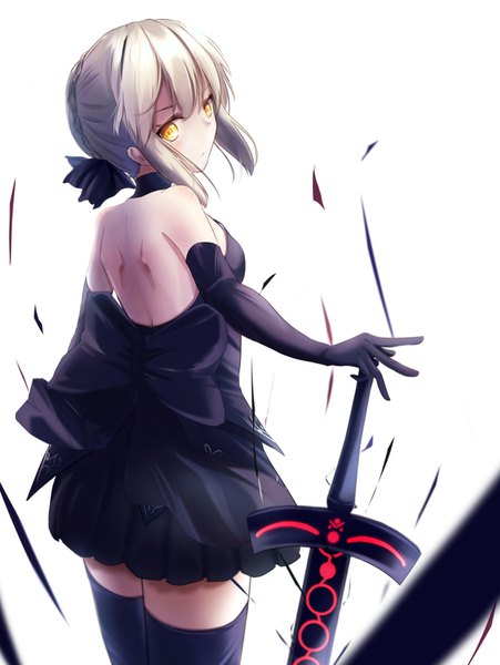 Anime picture 1164x1548 with fate (series) fate/grand order artoria pendragon (all) saber alter fuyukeu single tall image looking at viewer blush fringe short hair blonde hair simple background hair between eyes white background bare shoulders yellow eyes payot braid (braids) looking back