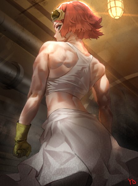 Anime picture 788x1056 with koutetsujou no kabaneri wit studio yukina (kabaneri) yd (orange maru) single tall image looking at viewer short hair blue eyes bare shoulders signed red hair profile looking back from below muscle goggles on head girl skirt gloves