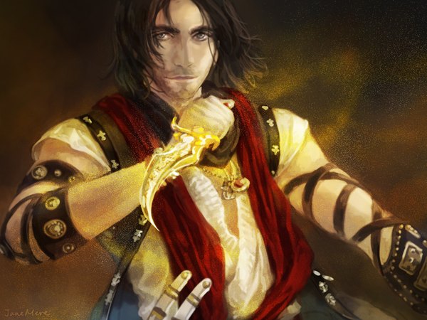 Anime picture 1600x1200 with prince of persia dastan jane mere single blue eyes brown hair boy jewelry knife
