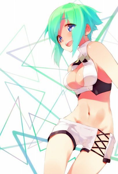 Anime picture 637x937 with aquarion (series) aquarion evol satelight zessica wong ytk (yutta-p) single tall image looking at viewer blush short hair breasts open mouth light erotic large breasts white background purple eyes bare shoulders green hair bare belly from below