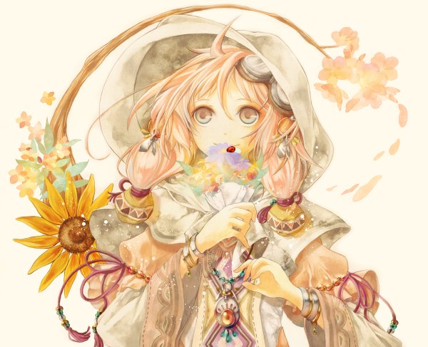 Anime picture 1200x974 with original bee cosine single long hair simple background twintails brown eyes pink hair goggles on head girl hair ornament flower (flowers) ribbon (ribbons) petals hood necklace branch goggles sunflower ladybug