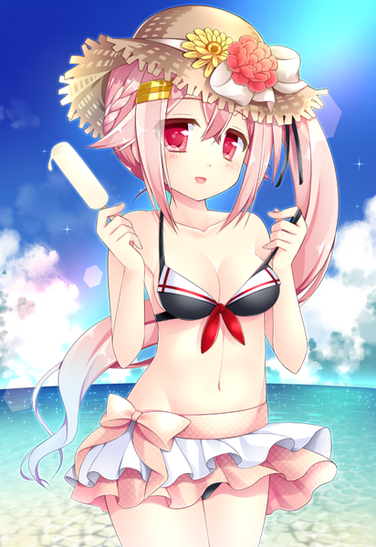 Anime picture 550x800 with kantai collection harusame destroyer ringo sui single long hair tall image breasts open mouth light erotic smile pink hair sky cloud (clouds) braid (braids) pink eyes beach side ponytail horizon girl navel