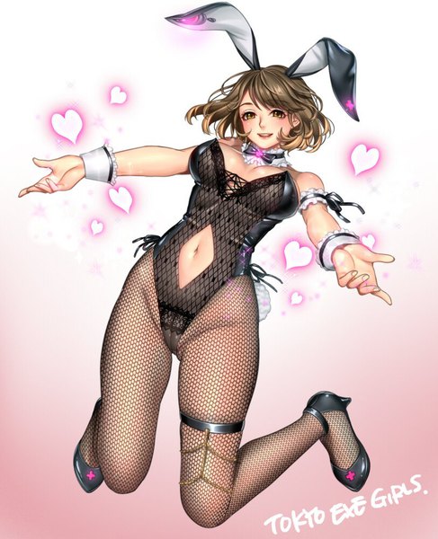 Anime picture 813x1000 with tokyo exe girls masami chie single tall image looking at viewer blush short hair breasts open mouth light erotic brown hair brown eyes animal ears bunny ears copyright name ass visible through thighs bunny girl spread arms center opening girl