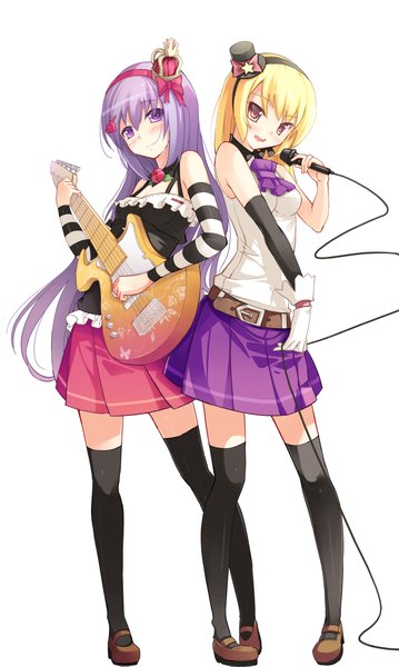 Anime picture 1200x2005 with original spirtie long hair tall image looking at viewer open mouth blonde hair smile purple eyes multiple girls brown eyes purple hair twins music girl thighhighs skirt black thighhighs 2 girls hat