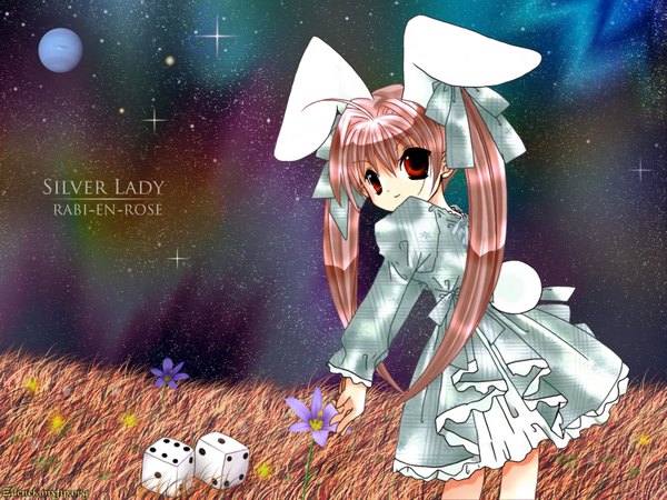 Anime picture 1600x1200 with di gi charat madhouse usada hikaru rabi en rose koge donbo single long hair looking at viewer red eyes animal ears ahoge red hair tail animal tail bunny ears copyright name bunny girl third-party edit bunny tail space