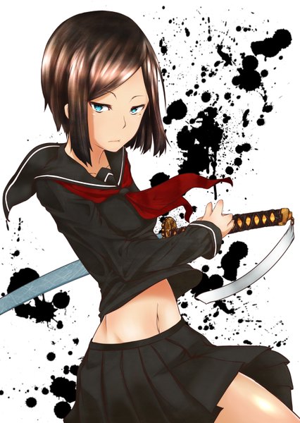 Anime picture 1158x1631 with original daren (darenenzinia) single tall image looking at viewer short hair blue eyes brown hair holding pleated skirt mole bare belly bare legs mole under eye girl skirt navel uniform weapon school uniform