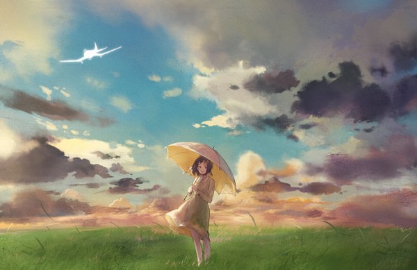 Anime picture 1232x800 with kaze tachinu studio ghibli satomi natoko shouin single fringe short hair smile brown hair standing brown eyes sky cloud (clouds) wind sunlight flying girl dress plant (plants) white dress