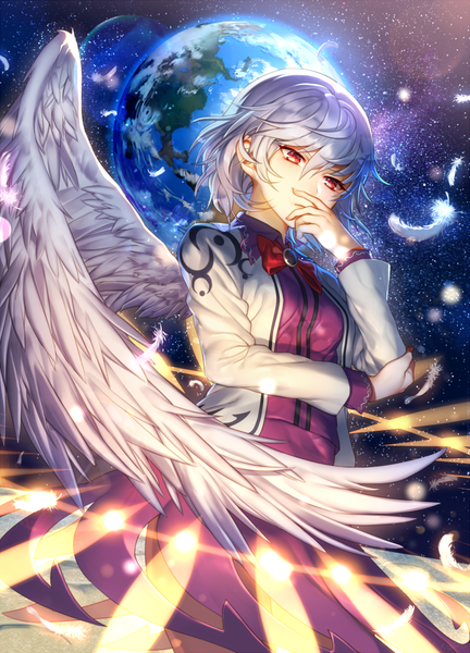 Anime picture 800x1111 with touhou kishin sagume kikugetsu single tall image looking at viewer fringe short hair hair between eyes red eyes white hair long sleeves from below glowing angel wings hand on face space holding arm single wing girl