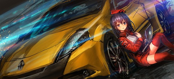 Anime picture 1600x734 with original apple inc. renault lm7 (op-center) single long hair blush open mouth blue eyes wide image sitting purple hair dutch angle glowing girl thighhighs skirt ground vehicle car laptop