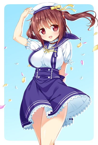 Anime picture 675x1000 with himouto! umaru-chan fisheye placebo doga kobo ebina nana ichi makoto single long hair tall image looking at viewer blush breasts open mouth simple background smile red eyes brown hair large breasts wind sailor collar girl