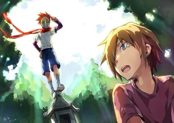 Anime picture 1414x1000 with danshi koukousei no nichijou tabata hidenori tanaka yoshitake short hair open mouth blue eyes blonde hair red hair multiple boys tears boy socks shorts scarf white socks 2 boys mask