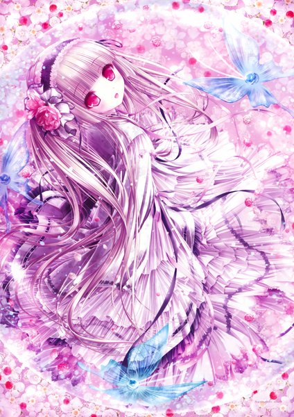 Anime picture 2334x3300 with original tinker bell single tall image highres open mouth red eyes purple hair very long hair looking back hair flower scan loli girl dress hair ornament flower (flowers) frills hairband insect