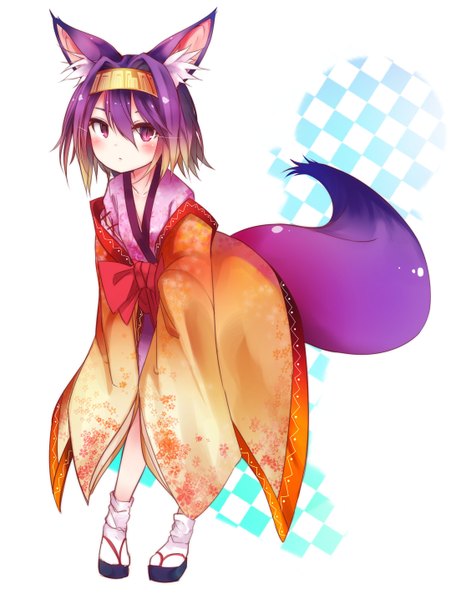 Anime picture 2182x2866 with no game no life madhouse hatsuse izuna otokuyou single tall image looking at viewer blush fringe highres short hair simple background white background purple eyes animal ears purple hair tail traditional clothes japanese clothes animal tail