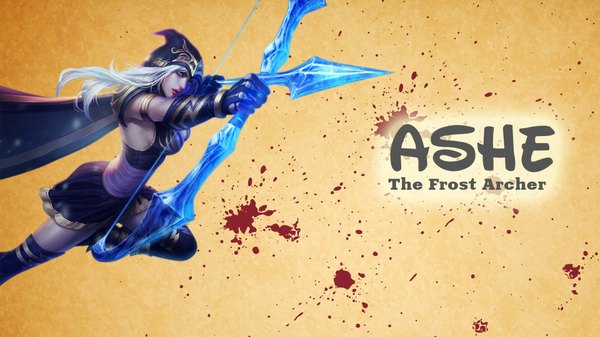 Anime picture 1920x1080 with league of legends ashe (league of legends) single long hair highres blue eyes simple background wide image white hair inscription girl thighhighs skirt weapon hood cloak bow (weapon) arrow (arrows) ice