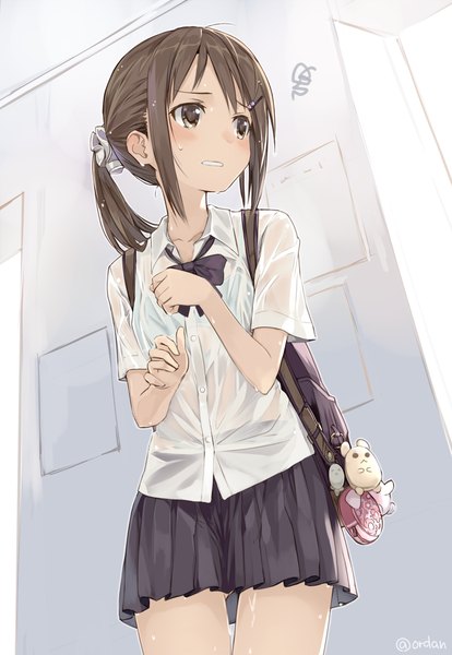 Anime picture 725x1050 with original orda single long hair tall image blush light erotic brown hair standing brown eyes signed looking away ponytail parted lips pleated skirt wet clothes open collar clenched teeth wet shirt girl