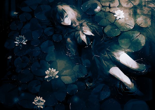 Anime picture 1500x1069 with original yumeno yume single long hair fringe blue eyes black hair smile hair between eyes looking away lying long sleeves from above on back tears partially submerged crying white skin ripples afloat