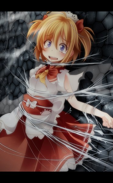 Anime picture 1000x1618 with touhou sunny milk s-syogo single tall image blush short hair open mouth blue eyes blonde hair two side up tears girl dress spider web