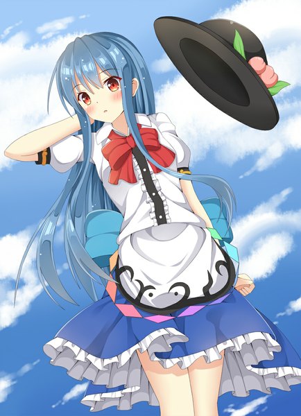 Anime picture 800x1104 with touhou hinanawi tenshi ro-ichi single long hair tall image looking at viewer blush red eyes blue hair sky cloud (clouds) girl dress bow hat