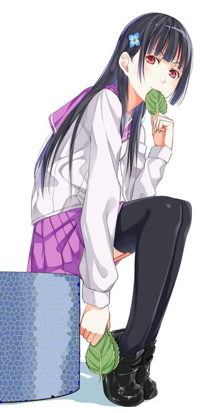 Anime picture 831x1600 with sankarea studio deen sanka rea kashinogi long hair tall image black hair red eyes sitting hair flower girl thighhighs skirt uniform hair ornament flower (flowers) black thighhighs school uniform