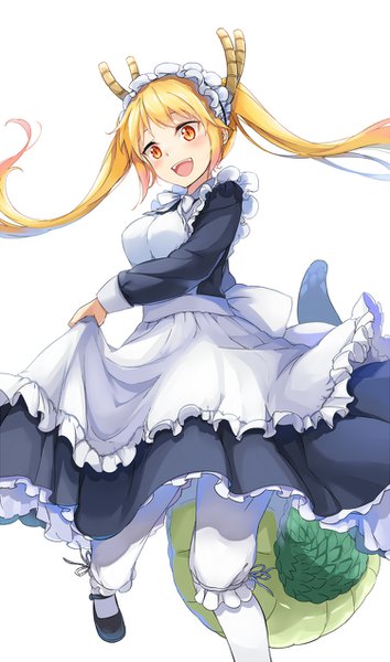 Anime picture 750x1269 with kobayashi-san chi no maidragon kyoto animation tooru (maidragon) powhway single long hair tall image blush open mouth simple background blonde hair white background twintails bent knee (knees) tail long sleeves :d horn (horns) maid orange eyes