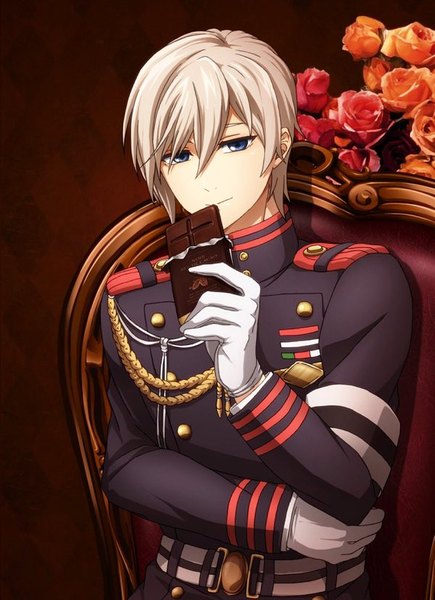 Anime picture 600x826 with owari no seraph wit studio hiiragi shinya tagme (artist) single tall image looking at viewer fringe short hair blue eyes blonde hair hair between eyes holding head tilt red background military boy gloves uniform flower (flowers)