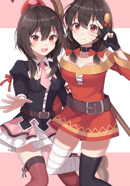 Anime picture 1005x1434 with kono subarashii sekai ni shukufuku wo! studio deen megumin yunyun (konosuba) izumo neru tall image looking at viewer blush short hair open mouth black hair red eyes twintails multiple girls cleavage :d zettai ryouiki low twintails outstretched arm victory