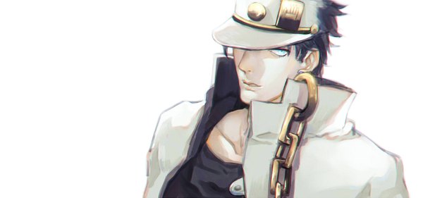 Anime picture 1223x574 with jojo no kimyou na bouken kujo jotaro kou (tsunaenma) single looking at viewer short hair blue eyes black hair simple background wide image white background boy hat chain