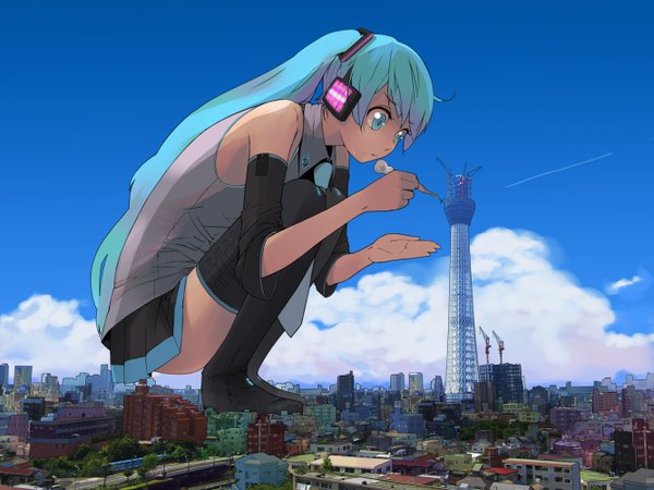 Anime picture 1333x1000 with vocaloid hatsune miku guitar (artist) twintails green eyes cloud (clouds) green hair city squat cityscape giant real world location tokyo girl thighhighs detached sleeves miniskirt necktie headphones tower