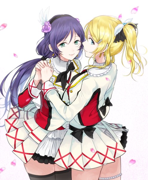 Anime picture 709x859 with love live! school idol project sunrise (studio) love live! toujou nozomi ayase eli urahara long hair tall image looking at viewer blue eyes simple background blonde hair smile white background twintails multiple girls green eyes purple hair ponytail profile