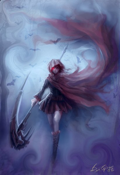 Anime picture 1761x2566 with rwby rooster teeth ruby rose kusi de san gu single tall image looking at viewer highres short hair hair between eyes holding signed pink eyes glowing glowing eye (eyes) lacing walking frilly skirt fog lace-up boots