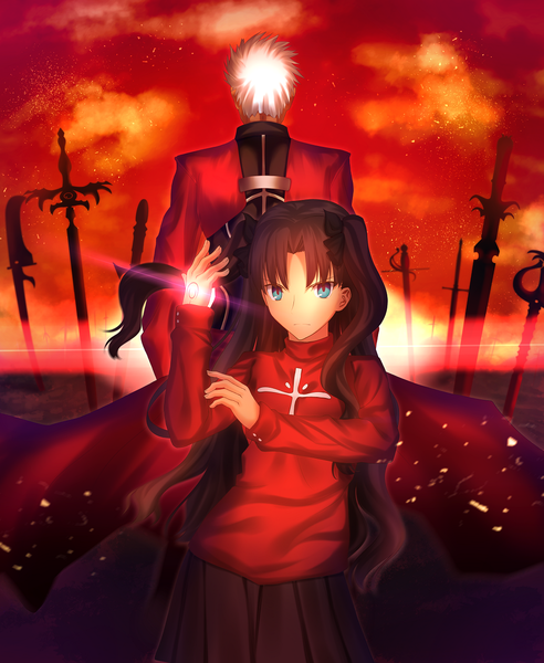 Anime picture 1066x1300 with fate (series) fate/stay night type-moon toosaka rin archer (fate) yakizakana oisi long hair tall image looking at viewer short hair blue eyes black hair white hair girl boy skirt bow weapon hair bow sword