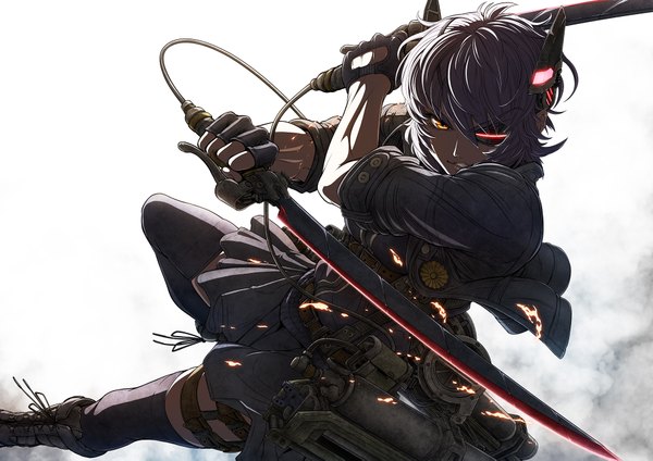 Anime picture 1920x1357 with kantai collection tenryuu light cruiser imizu (nitro unknown) single looking at viewer highres short hair holding yellow eyes purple hair shadow dual wielding backlighting girl thighhighs skirt gloves hair ornament black thighhighs miniskirt