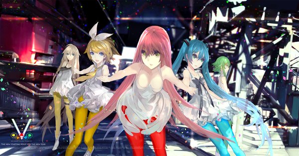 Anime picture 2000x1049 with vocaloid hatsune miku megurine luka kagamine rin gumi ia (vocaloid) kiwamu long hair looking at viewer highres short hair breasts open mouth blue eyes blonde hair smile wide image twintails multiple girls green eyes