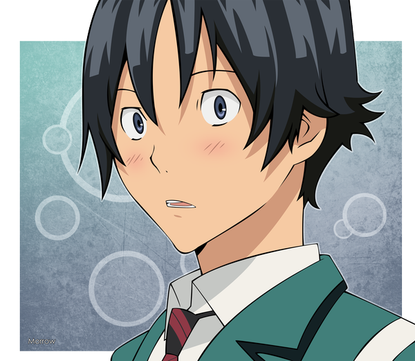 Anime picture 2000x1739 with bakuman. j.c. staff mashiro moritaka morrow single blush highres open mouth blue eyes black hair simple background border portrait close-up vector boy uniform school uniform necktie