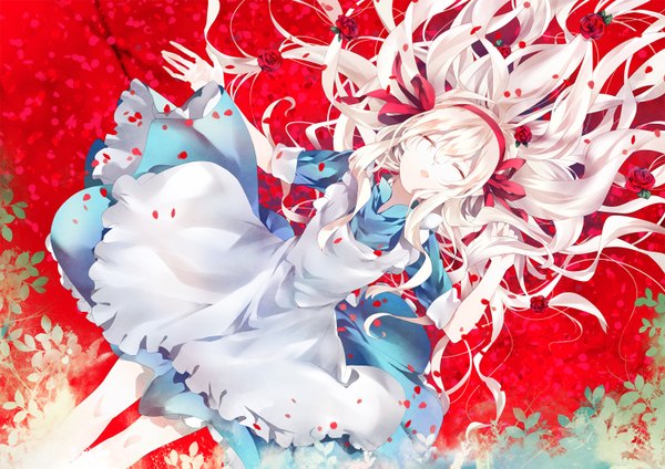 Anime picture 1500x1061 with kagerou project shaft (studio) mary (kagerou project) kamari (kama ri) single long hair open mouth white hair lying eyes closed girl dress flower (flowers) petals hairband rose (roses)