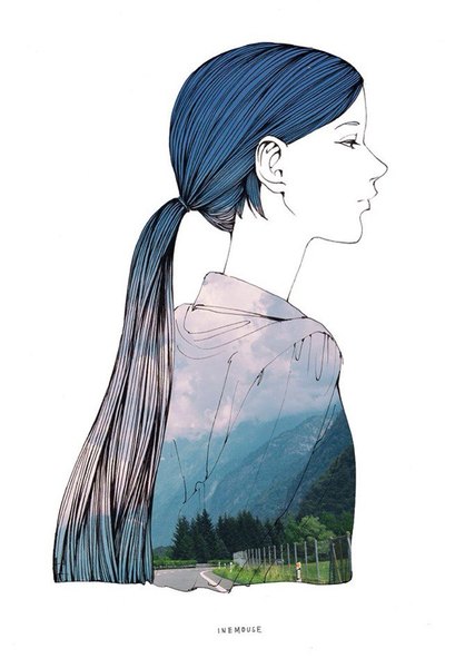 Anime picture 655x960 with ine (zx o4) single long hair tall image simple background white background signed blue hair looking away cloud (clouds) ponytail tail profile multicolored hair mountain white skin double exposure girl road