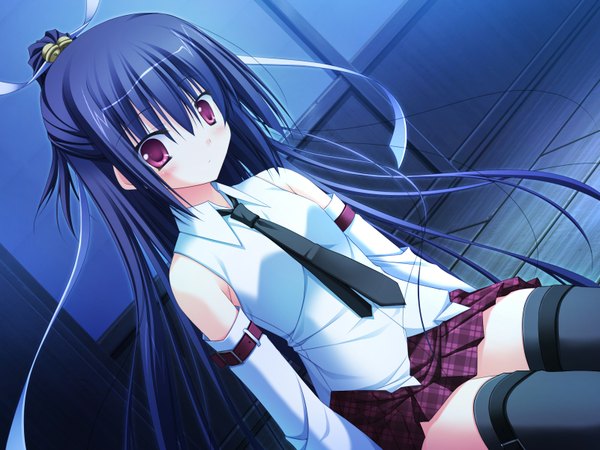 Anime picture 1600x1200 with deliverer! (game) tagme (character) single long hair looking at viewer blush fringe hair between eyes sitting payot blue hair game cg indoors pleated skirt pink eyes dutch angle floating hair plaid skirt half updo hair bell