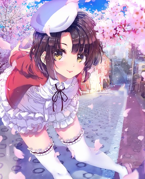 Anime picture 1300x1609 with saenai heroine no sodatekata a-1 pictures katou megumi ricca55 single tall image looking at viewer blush short hair brown hair yellow eyes light smile cherry blossoms frilled dress girl thighhighs dress petals white thighhighs frills
