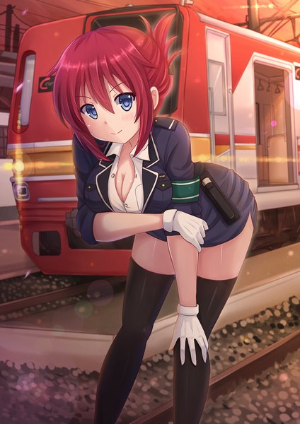 Anime picture 964x1364 with rail wars! sakurai aoi kazenokaze single tall image looking at viewer blush short hair blue eyes smile red hair girl thighhighs gloves black thighhighs white gloves train