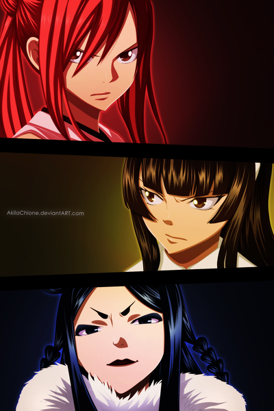 Anime picture 1400x2100 with fairy tail erza scarlet mikazuchi kagura minerva orlando akilachione tall image red eyes brown hair multiple girls brown eyes blue hair ponytail red hair braid (braids) lips black eyes coloring close-up face multiview