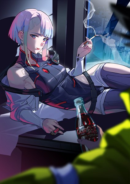 Anime picture 2480x3508 with cyberpunk edgerunners studio trigger coca-cola lucy (cyberpunk) david martinez bigroll tall image fringe highres short hair blue eyes light erotic smile silver hair blunt bangs reflection solo focus smoke reclining girl