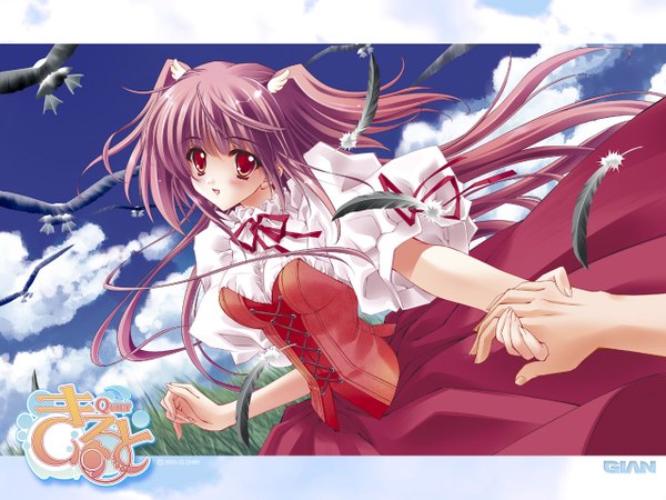 Anime picture 1280x960 with quilt (game) airi (quilt) carnelian long hair looking at viewer blush open mouth red eyes twintails pink hair sky cloud (clouds) wallpaper holding hands girl animal bird (birds) feather (feathers) corset