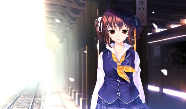 Anime picture 1700x1000 with shoujo shin'iki tsukamine miori hayakawa harui single short hair red eyes brown hair wide image twintails brown eyes game cg short twintails girl uniform school uniform petals train station