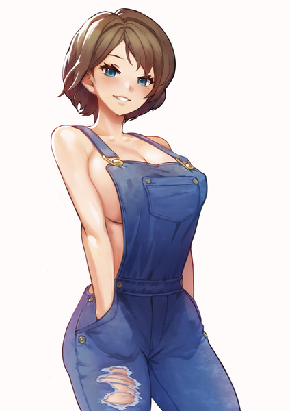 Anime picture 740x1047 with original kkamja single tall image looking at viewer blush fringe short hair breasts open mouth blue eyes light erotic simple background smile brown hair large breasts standing bare shoulders mole no bra