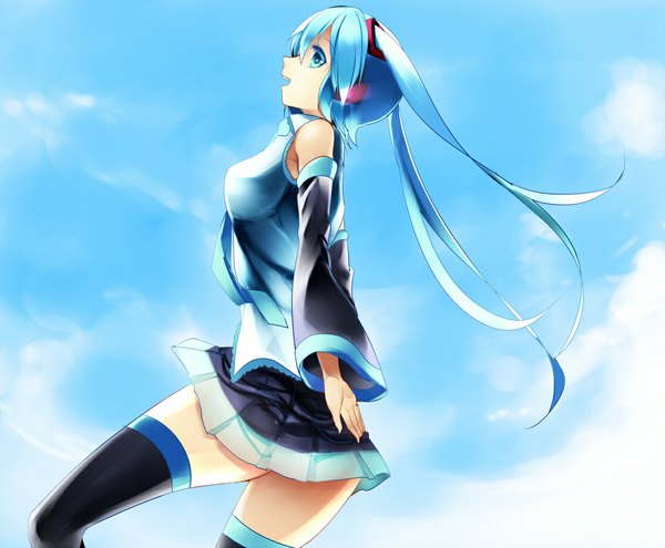 Anime picture 1130x934 with vocaloid hatsune miku aaru long hair open mouth blue eyes twintails bare shoulders blue hair sky cloud (clouds) profile girl thighhighs skirt detached sleeves necktie headphones