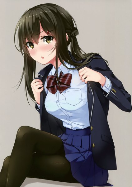 Anime picture 2406x3401 with original unasaka ryou single long hair tall image looking at viewer blush highres open mouth black hair simple background brown eyes scan grey background crossed legs girl skirt uniform school uniform miniskirt