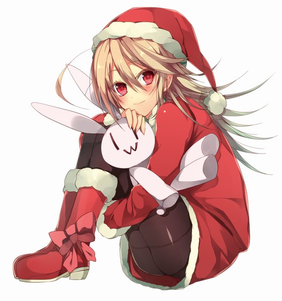 Anime picture 1000x1069 with original nitaka (fujikichi) single long hair tall image looking at viewer blush simple background blonde hair red eyes white background fur trim christmas l l girl bow hat pantyhose boots fur