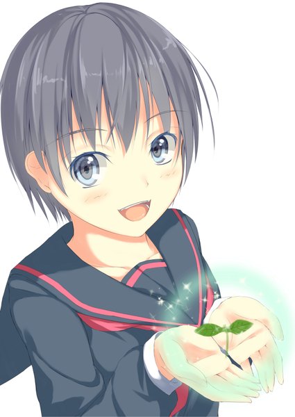 Anime picture 2507x3541 with original nakadadaichi tall image looking at viewer blush highres short hair open mouth blue eyes white background grey hair girl uniform plant (plants) school uniform