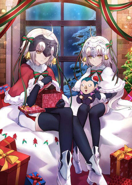 Anime picture 1290x1813 with fate (series) fate/grand order fate/apocrypha jeanne d'arc (fate) (all) jeanne d'arc alter (fate) jeanne d'arc alter santa lily (fate) caster (fate/zero) shiguru tall image blush fringe short hair sitting multiple girls holding yellow eyes looking away sky silver hair ahoge