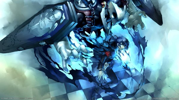 Anime picture 1366x768 with persona 3 shin megami tensei persona arisato minato thanatos (persona) single looking at viewer short hair open mouth blue eyes wide image blue hair from above wallpaper checkered floor boy clock armband pocket watch